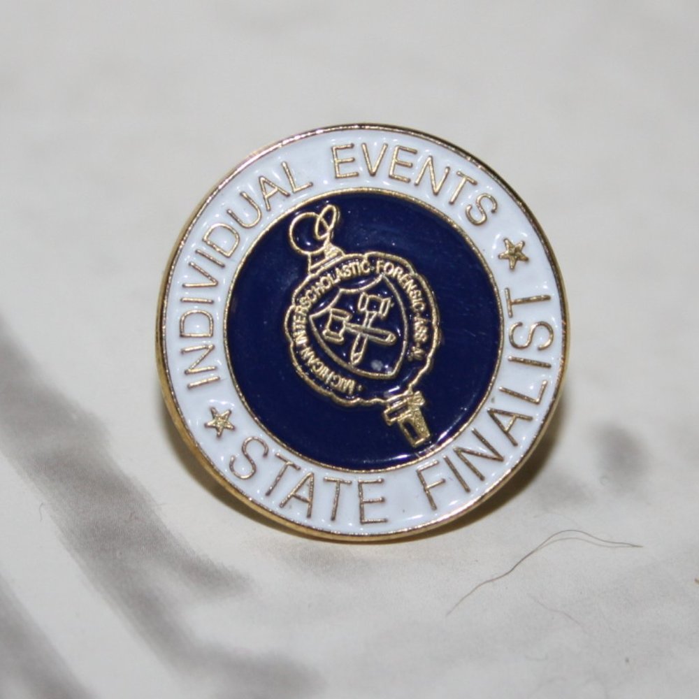 Individual Events State Finalist Gold and blue lapel pin .75"